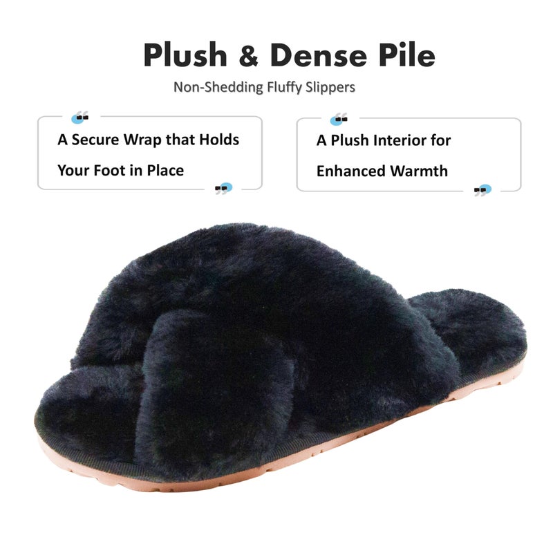 Crazy Lady Women's Fuzzy Fluffy House Slippers Cute Plush Memory Foam Shoes Cross Band Indoor Outdoor Open Toe Sandals(06/Black, 8.5-9.5) - Image 4